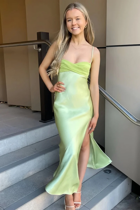 Sage Green Spaghetti Straps Satin Formal Prom Dresses With Slit J9458