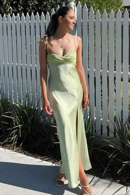 Sage Green Spaghetti Straps Satin Formal Prom Dresses With Slit J9458