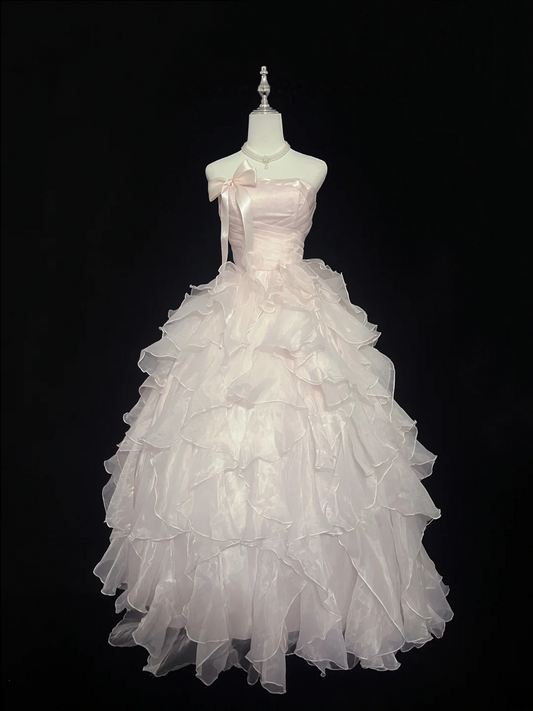 Strapless Pink Ruffle Prom Dress Organza Birthday Dress J9462