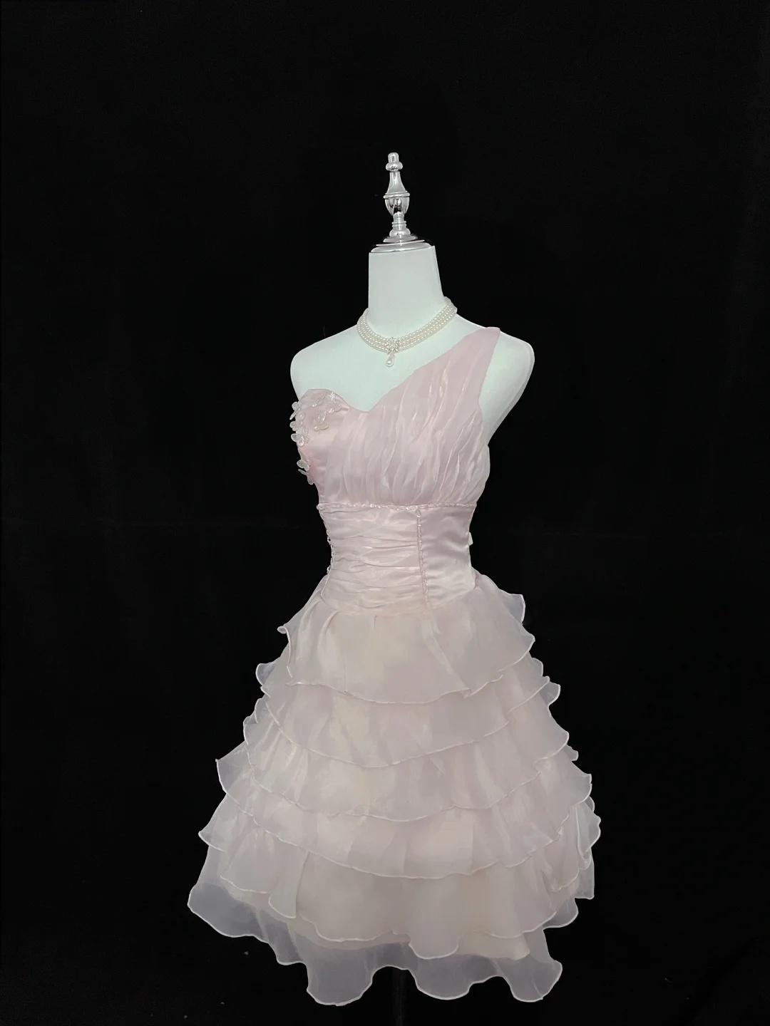One Shoulder Pink Layered Short Dress Organza Birthday Dress  J9463