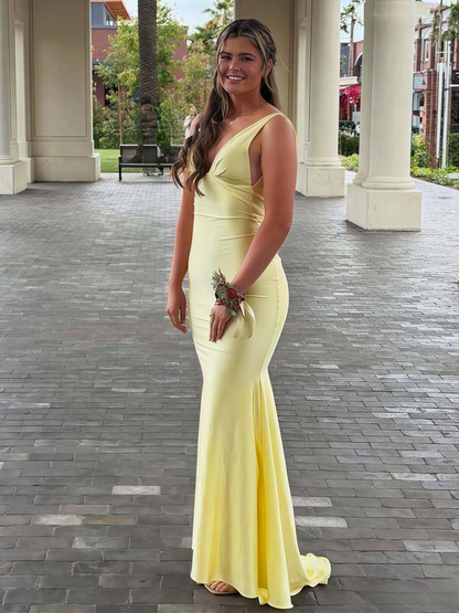 Yellow Satin Deep V-Neck Backless Mermaid Formal Prom Dress J9471