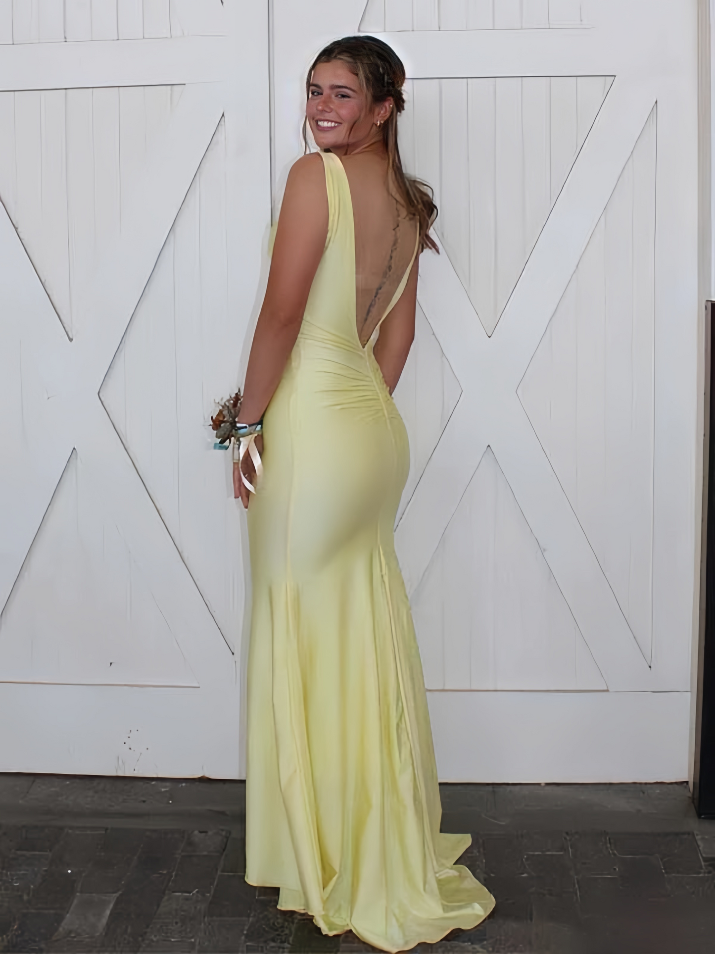 Yellow Satin Deep V-Neck Backless Mermaid Formal Prom Dress J9471