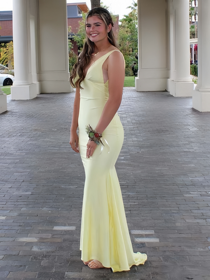 Yellow Satin Deep V-Neck Backless Mermaid Formal Prom Dress J9471