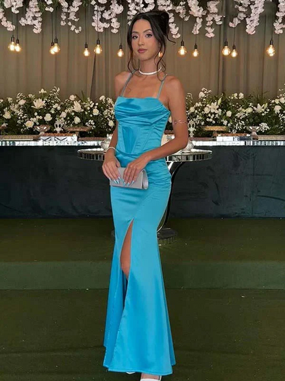 Satin Spaghetti Stap High-Slit Backless Mermaid Prom Dress J9477