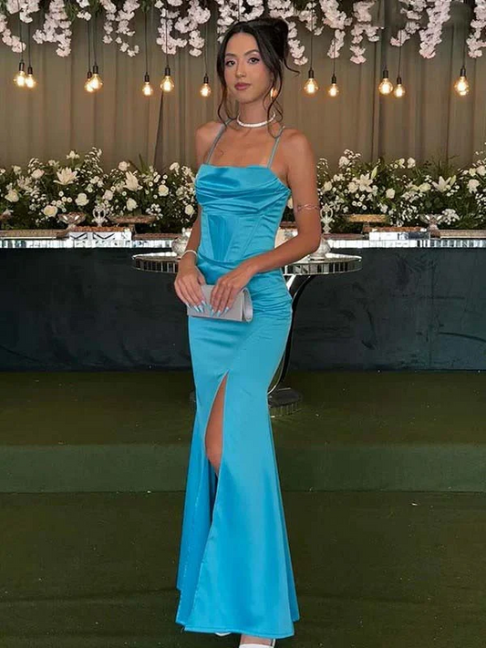 Satin Spaghetti Stap High-Slit Backless Mermaid Prom Dress J9477