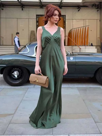 Simple Satin Dark Green V-Neck Maxi Dress Wedding Guest Dress J9480