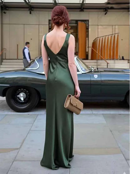 Simple Satin Dark Green V-Neck Maxi Dress Wedding Guest Dress J9480