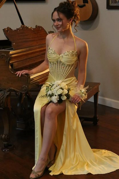 Yellow Satin Pleated Sheath Satin Long Prom Dresses With Slit J9481