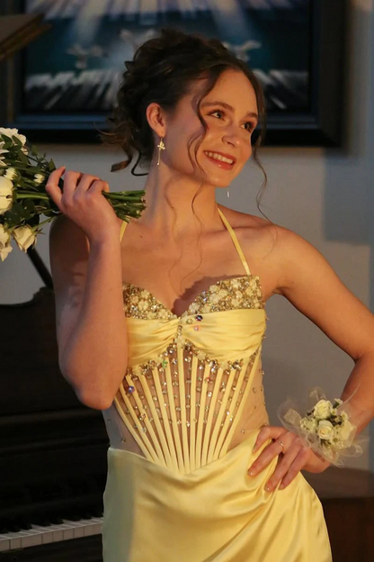 Yellow Satin Pleated Sheath Satin Long Prom Dresses With Slit J9481