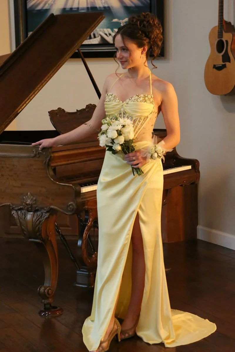 Yellow Satin Pleated Sheath Satin Long Prom Dresses With Slit J9481