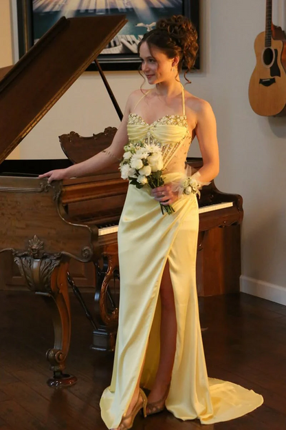 Yellow Satin Pleated Sheath Satin Long Prom Dresses With Slit J9481