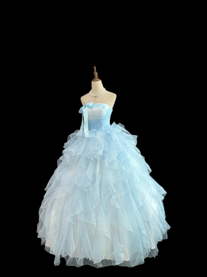 Strapless Blue Ruffle Birthday Dress A Line Prom Dress Formal Dress J9487