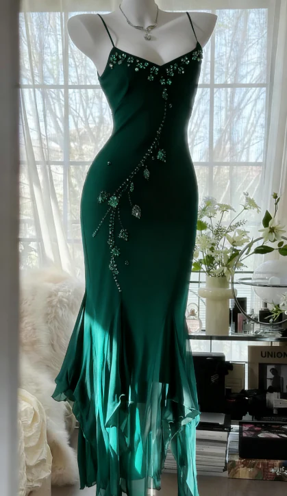 Spaghetti Straps Sheath Chiffon Beaded Prom Dresses Dark Green Evening Gowns J9492