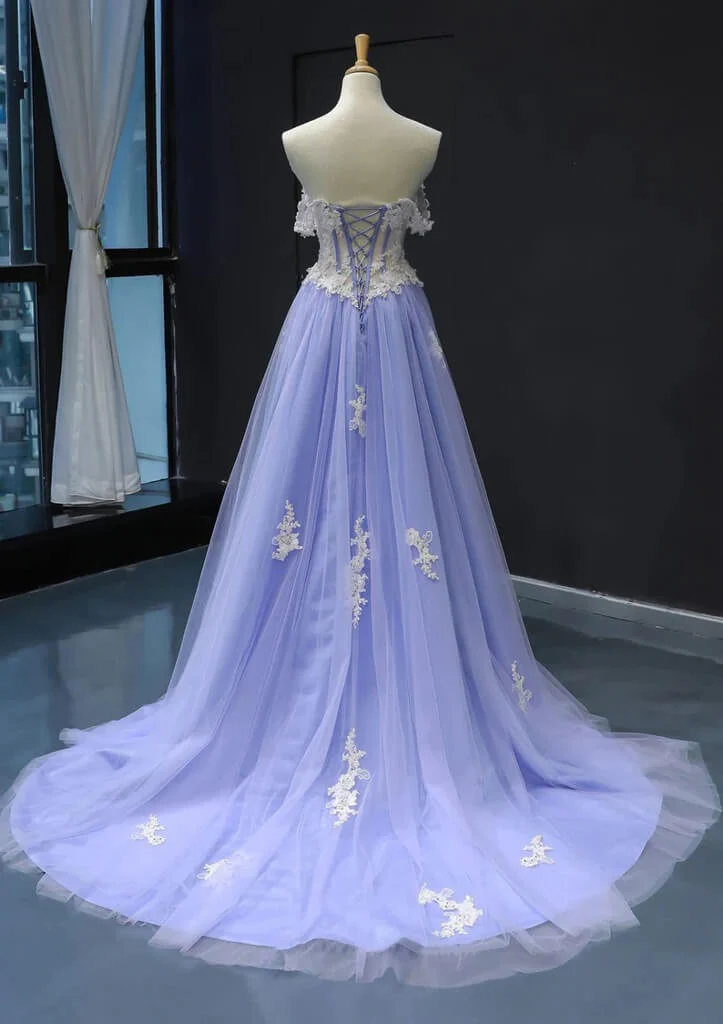 Robe de bal bustier violette en satin avec appliques, robe de soirée formelle J9413