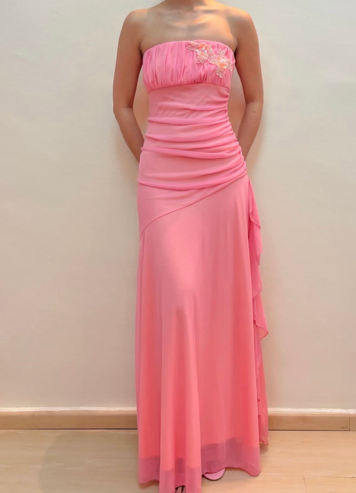 Strapless Sheath Pink Prom Dress Ruffle A Line Chiffon Party Dress  J9497