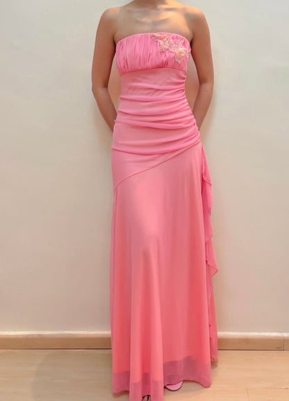 Strapless Sheath Pink Prom Dress Ruffle A Line Chiffon Party Dress  J9497