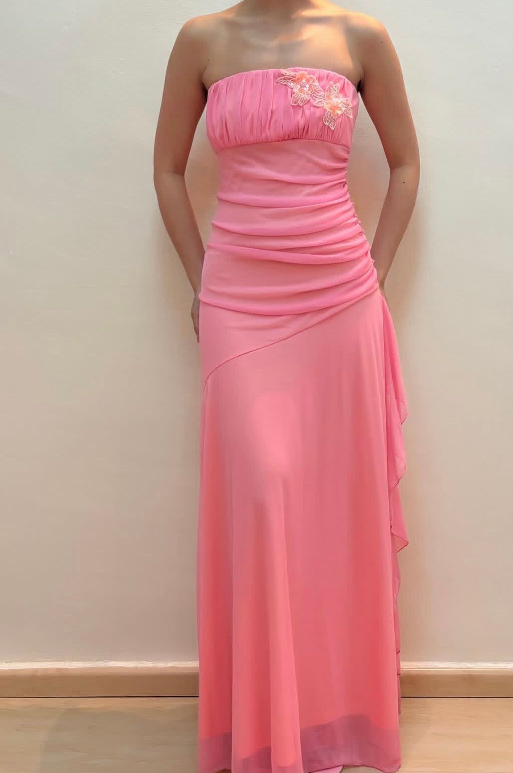 Strapless Sheath Pink Prom Dress Ruffle A Line Chiffon Party Dress  J9497