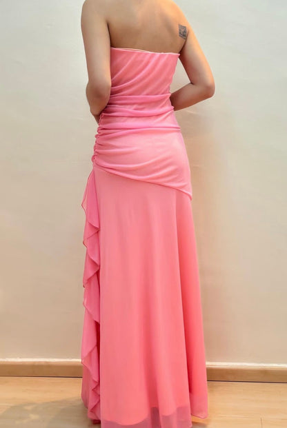 Strapless Sheath Pink Prom Dress Ruffle A Line Chiffon Party Dress  J9497