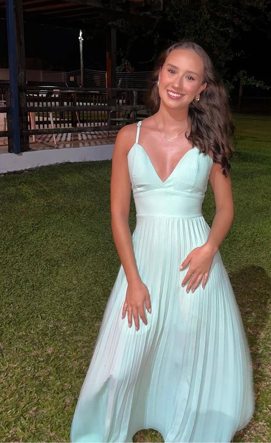 V Neck Pleated Prom Dress A Line Chiffon Wedding Guest Dress  J9499