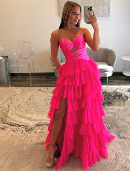 Sweetheart A Line Hot Pink Prom Dress Layered Formal Dress  J9506