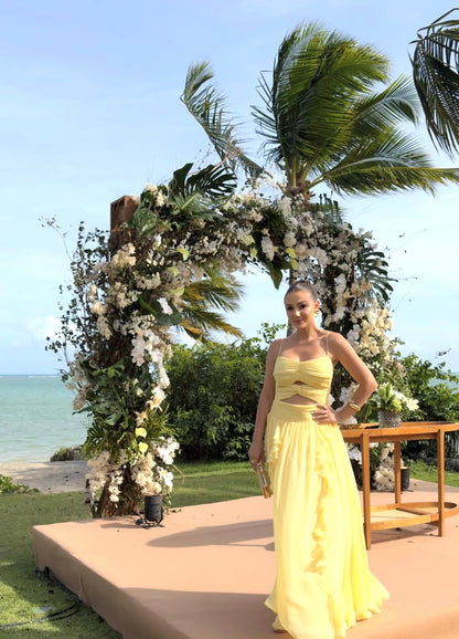 Spaghetti Strap A Line Yellow Wedding Guest Dress Chiffon Prom Dress  J9507