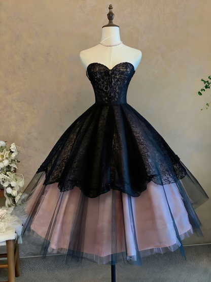 Sweetheart A Line Black Lace Prom Dress Pink Birthday Dress With Bow  J9512