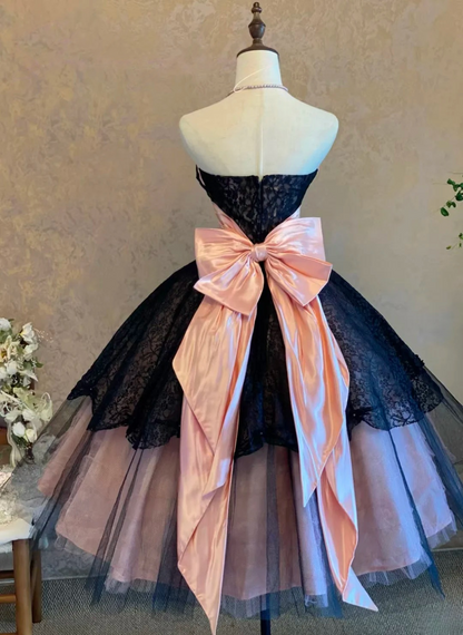 Sweetheart A Line Black Lace Prom Dress Pink Birthday Dress With Bow  J9512