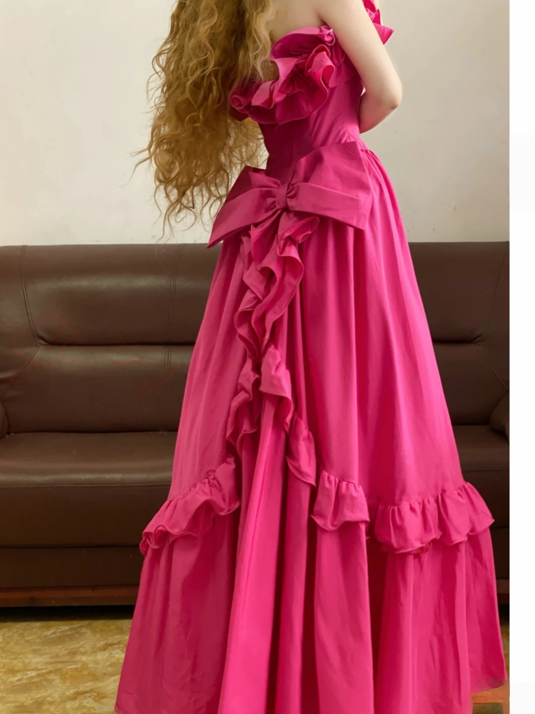 A Line Pink Ruffled Prom Dress Formal Wedding Guest Dress  J9515