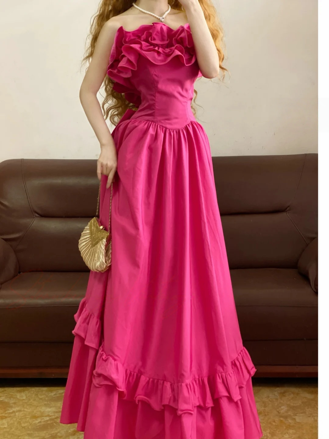 A Line Pink Ruffled Prom Dress Formal Wedding Guest Dress  J9515