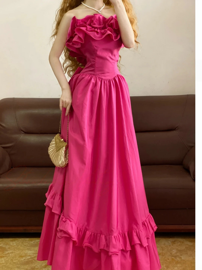 A Line Pink Ruffled Prom Dress Formal Wedding Guest Dress  J9515