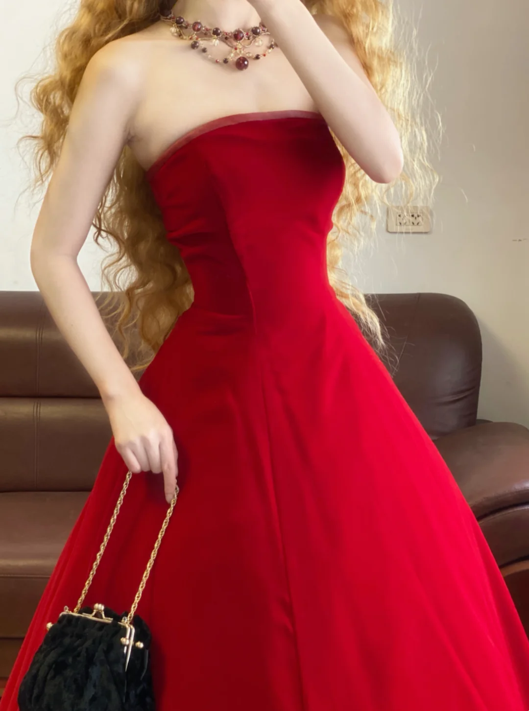 Strapless Red Velvet A Line Prom Dress Formal Evening Dress Birthday Dress  J9516