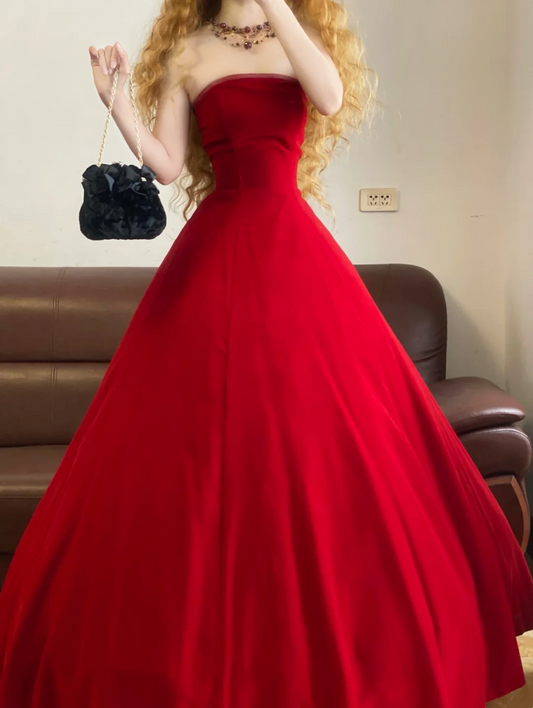 Strapless Red Velvet A Line Prom Dress Formal Evening Dress Birthday Dress  J9516