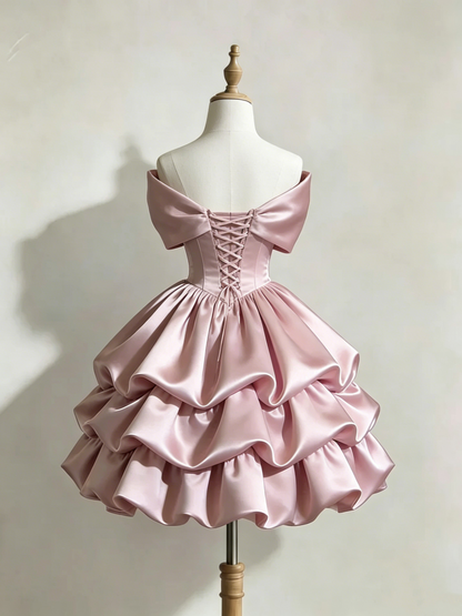 Off The Shoulder Pink Short Dress Cute Birthday Dress  J9517