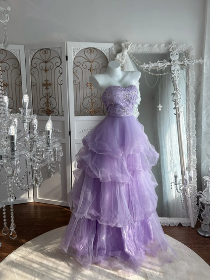 Strapless Lilac Tulle Prom Dress Layereda Line Formal Dress  J9519