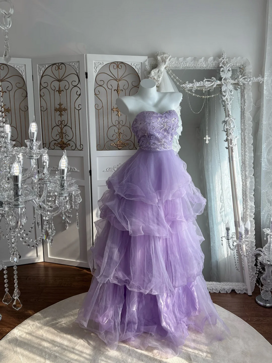 Strapless Lilac Tulle Prom Dress Layereda Line Formal Dress  J9519