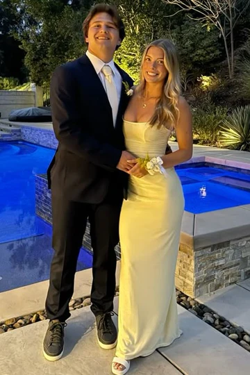 Yellow Strapless Sheath Long Prom Dress Satin Evening Dress  J9525