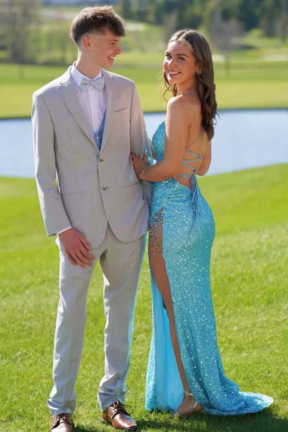 Spaghetti Straps V-Neck Blue Sequined High Slit Long Prom Dress  J9527