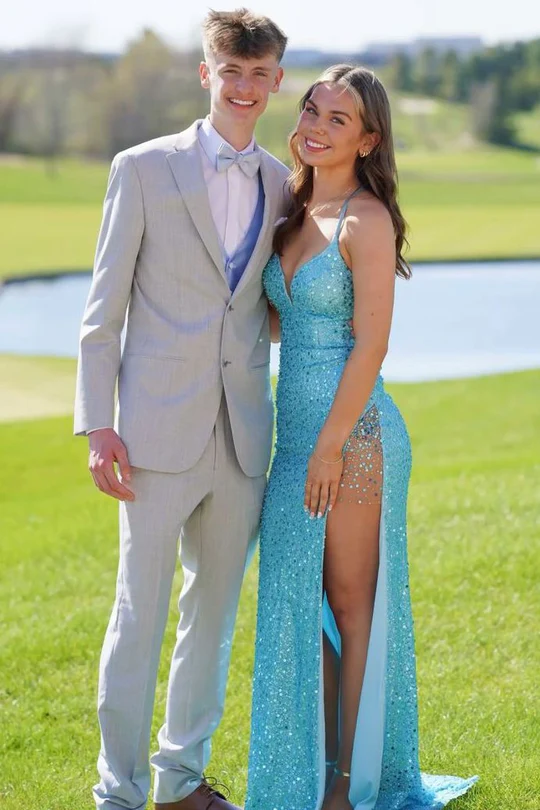 Spaghetti Straps V-Neck Blue Sequined High Slit Long Prom Dress  J9527