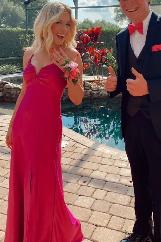 V-Neck Red Satin Long Prom Dress With Slit Sheath Evening Dress  J9528