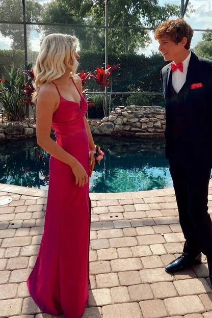 V-Neck Red Satin Long Prom Dress With Slit Sheath Evening Dress  J9528