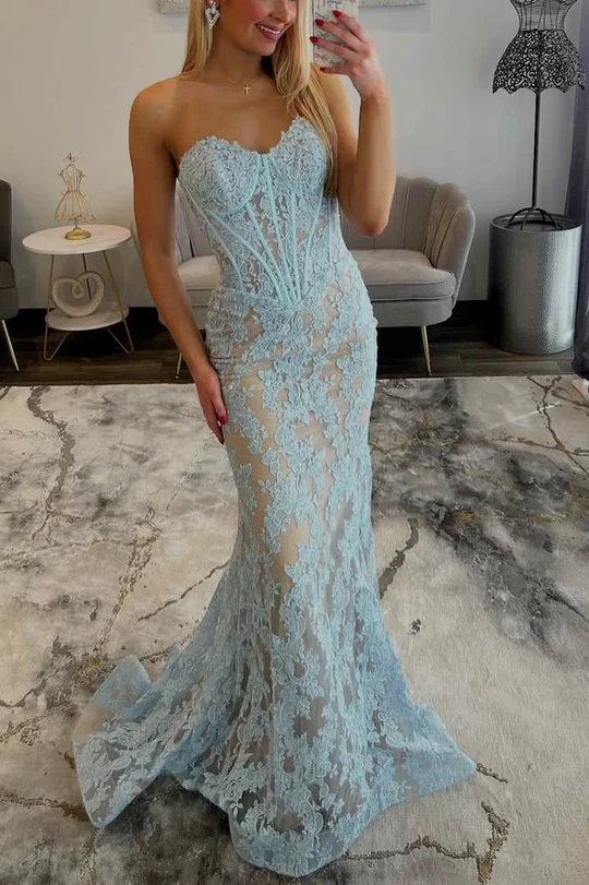 Strapless Blue Lace Appliques Sweetheart Mermaid Prom Dress  J9530