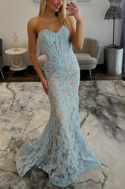 Strapless Blue Lace Appliques Sweetheart Mermaid Prom Dress  J9530
