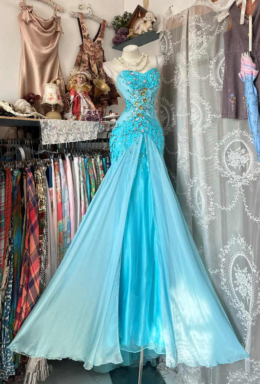 Sweetheart Blue Mermaid Prom Dress Beaded Formal Party Dress  J9531