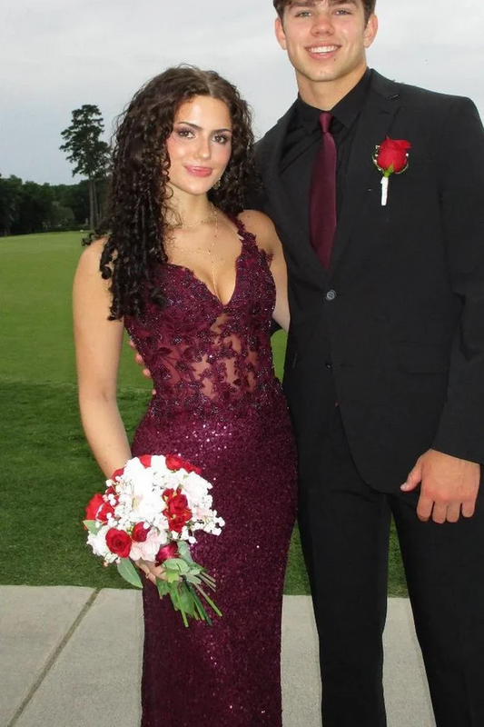 Grape V-Neck Sequins Appliques Mermaid Long Prom Dress  J9534