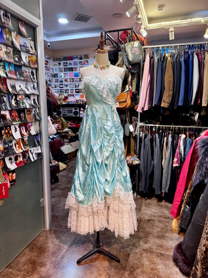 Lace Sweetheart Blue Prom Dress Printed Satin Birthday Dress  J9536