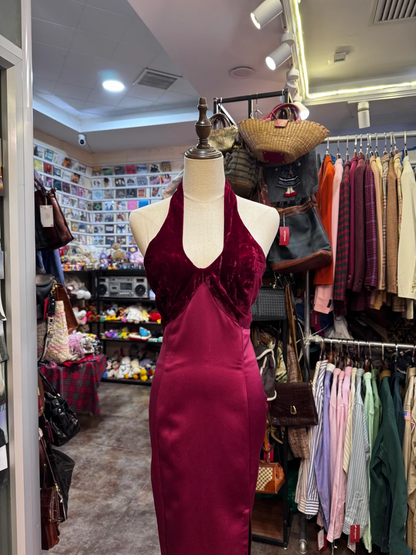 Halter Sheath Burgundy Prom Dress Satin Velvet Evening Dress  J9538