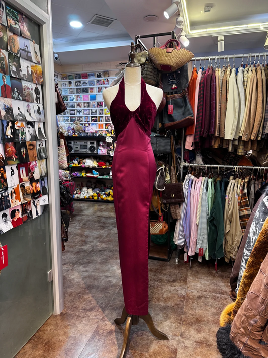 Halter Sheath Burgundy Prom Dress Satin Velvet Evening Dress  J9538