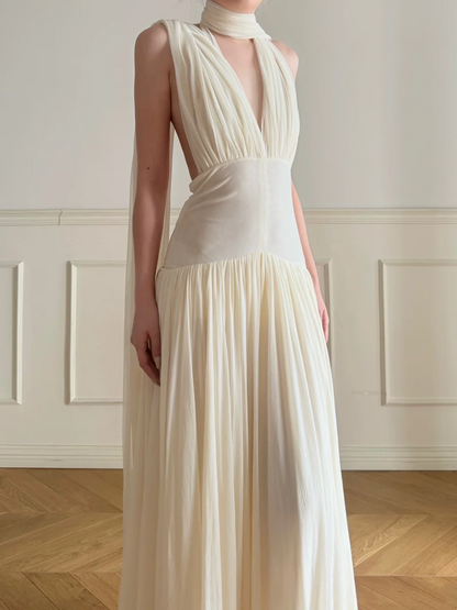 V Neck Backless Beige Formal Wedding Dress Chiffon Evening Dress  J9540