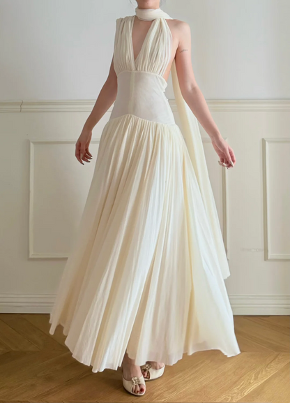 V Neck Backless Beige Formal Wedding Dress Chiffon Evening Dress  J9540