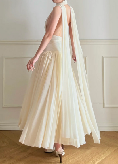 V Neck Backless Beige Formal Wedding Dress Chiffon Evening Dress  J9540